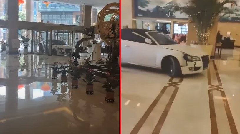 Rozwścieczony gość hotelowy wjechał autem do środka budynku. /CNA/ You Tube/ zrzuty ekranu /