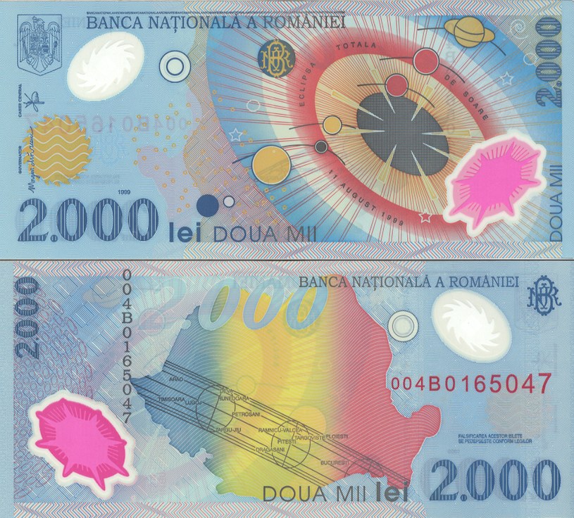 Rumuński banknot 2000 lei z mapą pasa całkowitego zaćmienia Słońca w Rumunii /Marcin n, Public domain, via Wikimedia Commons /domena publiczna