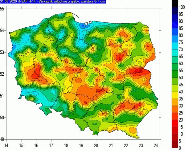 ryc. 3. Mapa wilgotności gleby na głębokości 0-7 cm (stan na 31.03.2020) /IMGW-PIB /