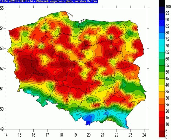 ryc. 4. Mapa wilgotności gleby na głębokości 0-7 cm (stan na 15.04.2020) /IMGW-PIB /