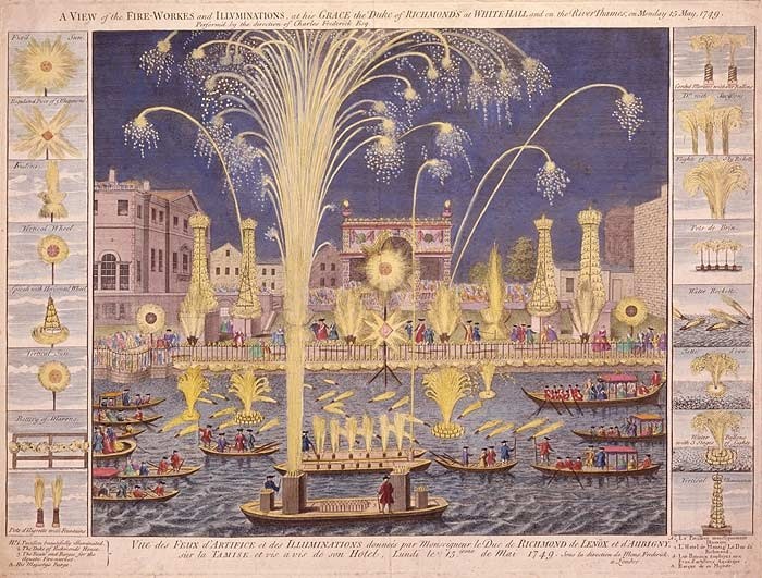 Rycina przedstawiająca królewski pokaz fajerwerków na Tamizie w Londynie w Anglii w 1749 roku /Domena publiczna /Wikimedia