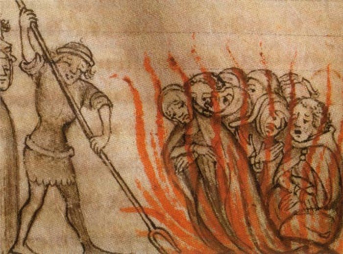 Rycina przedstawiająca spalenie templariuszy na stosie /Wikipedia /materiały prasowe