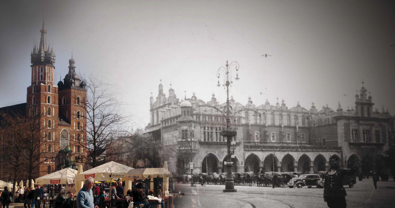 Rynek Główny – przemianowany przez Niemców na Alter Markt, a następnie na Adolf-Hitler Platz (ok. 1939 r.). Rynek Główny w Krakowie (2015 r.) /IPN