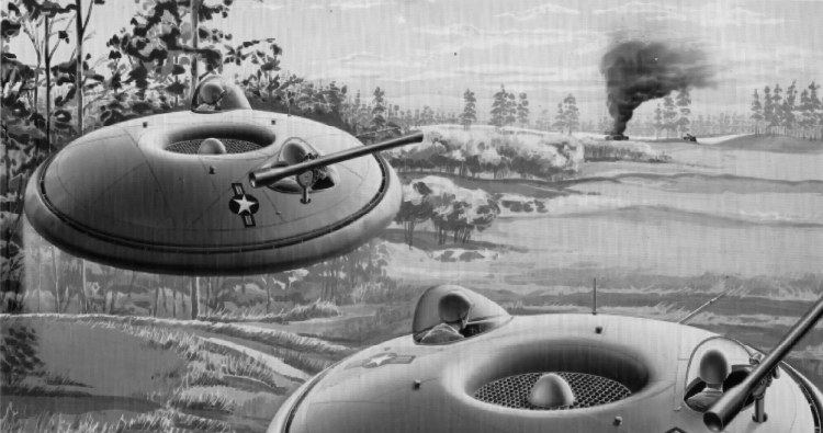 Rysunek koncepcyjny VZ-9-AV Avrocar. Mimo że wygląda jak scena z dzieła sci-fi, amerykańska armia wierzyła, że może to być jej przyszłość /Wikipedia