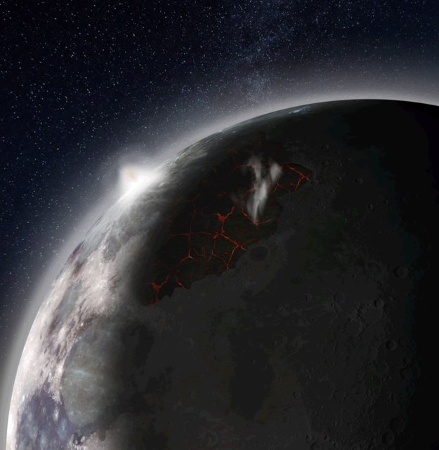 Rysunek powierzchni Księżyca, w czasach silnej aktywności wulkanicznej w rejonie obecnego Morza Deszczów (Mare Imbrium) /NASA MSFC /Materiały prasowe