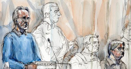 Rysunek przedstawiający Fournitera (z lewej) i Olivier na sali sądowej /AFP