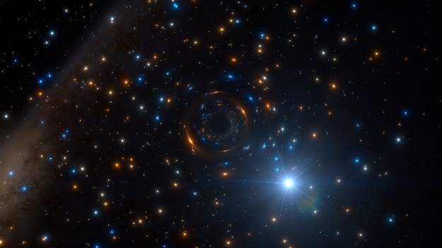 Rysunek przedstawiający układ podwójny z czarną dziurą w gromadzie NGC 3201. ESO/L. Calçada/spaceengine.org /Materiały prasowe