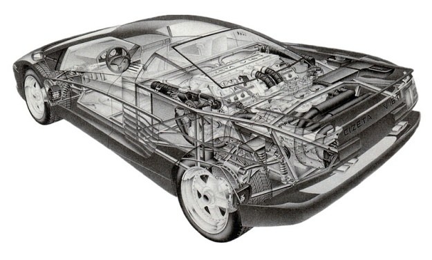 Rysunek przekrojowy modelu Cizeta pozwala zorientować się w natłoku panującym w komorze silnikowej, gdzie oprócz jednostki napędowej o 16 cylindrach pomieścić się muszą jeszcze dwie chłodnice z potężnymi wentylatorami. /Motor