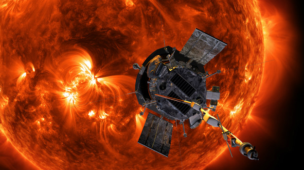 Rysunek sondy Parker Solar Probe na tle Słońca /NASA/Johns Hopkins APL/Steve Gribben /Materiały prasowe