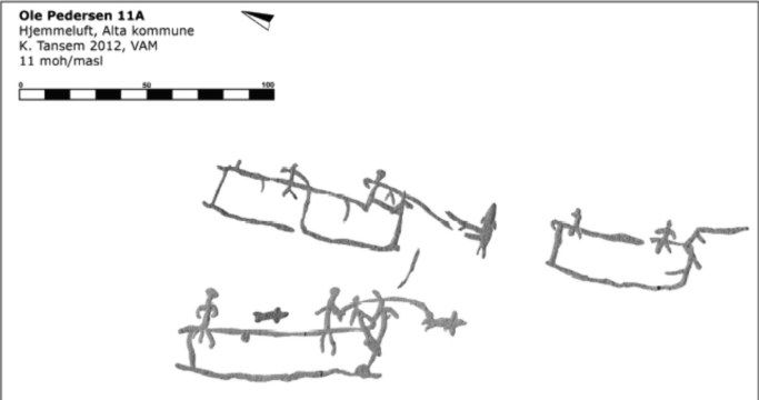 Rzeźby możliwych łodzi skórzanych ze skał w Norwegii. Odrysowane przez Karin Tansem dla Alta Museum /Mikael Fauvelle et al, Journal of Maritime Archaeology (2024) /materiał zewnętrzny