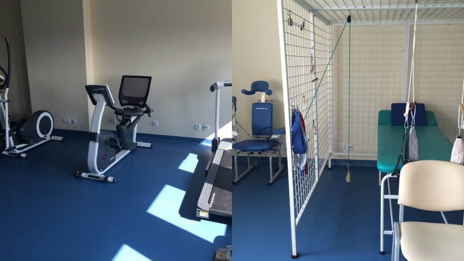 Sala kinezyteprapii. To część bazy zabiegowej Kliniki Rehabilitacji Medycznej w CKD w Łodzi, gdzie są stanowiska do treningu, wysiłku fizycznego, koordynacji i równowagi. Są też urządzenia do wykonywania ćwiczeń w odciążeniu na podwieszkach /Agnieszka  Wyderka /RMF FM