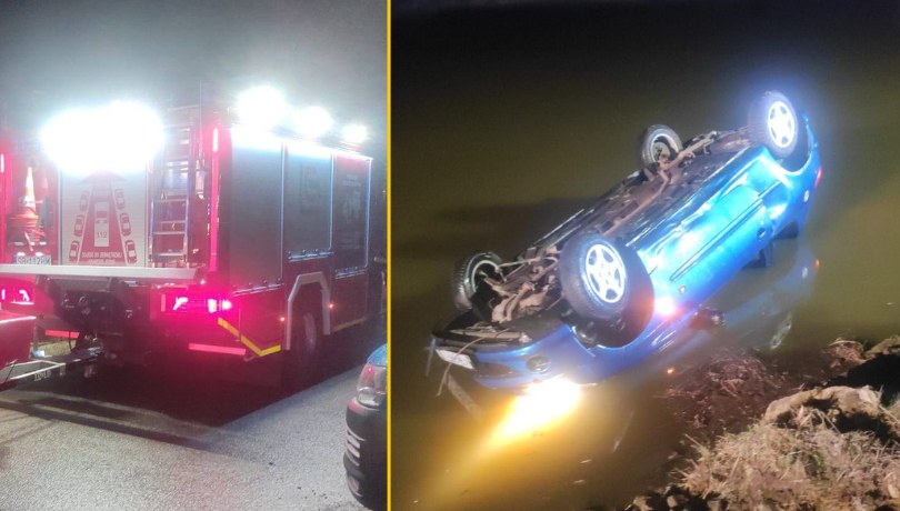 Samochód nagle zaczął dachować, po czym wpadł do stawu. W środku były cztery osoby /Komenda Miejska PSP w Bielsku-Białej /Państwowa Straż Pożarna