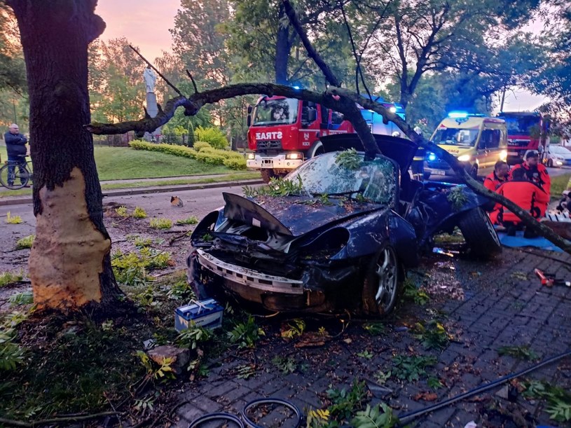 Samochód osobowy uderzył w drzewo. Jedna osoba poszkodowana. Jedna ofiara śmiertelna /Łukasz Lewin/KP PSP Lubartów /materiały prasowe