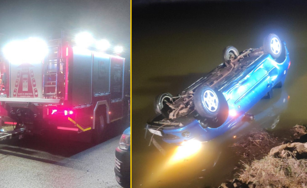 Samochód z czterema osobami dachował, po czym wpadł do zbiornika wodnego 