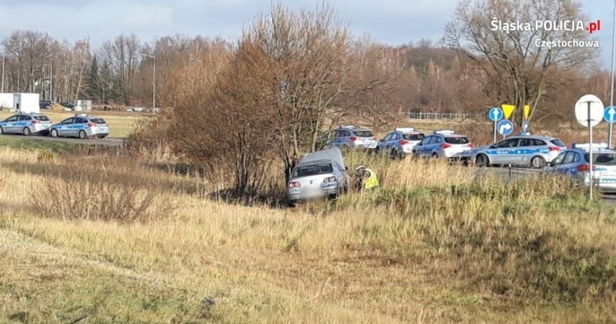 Samochód zjechał z drogi i zatrzymał się na drzewie, tuż obok radiowozów /Informacja prasowa