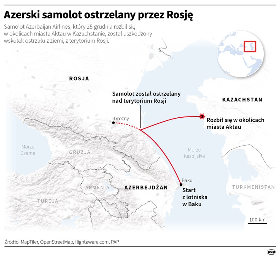 Samolot Azerbaijan Airlines leciał w środę ze stolicy Azerbejdżanu Baku do Groznego w Czeczenii na południu Federacji Rosyjskiej, kiedy zboczył z trasy i rozbił się w Kazachstanie /	Maciej Zieliński /PAP