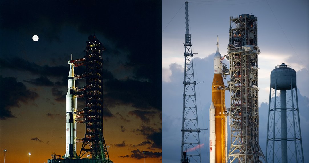 Saturn V po lewej stronie i rakieta SLS po prawej /NASA