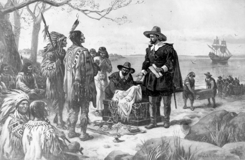 Scena zakupu od Indian wyspy Manhattan. Obraz Alfreda Fredericksa z poł. XVIII w.  Hulton Archive /Getty Images
