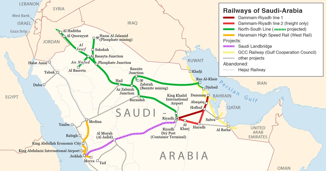 Schemat istniejących i planowanych połączeń kolejowych na Półwyspie Arabskim /Maximilian Dörrbecker /Wikipedia