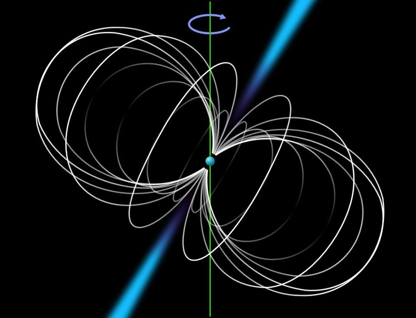 Schemat pulsara. Kula w środku to pulsar, a białe linie to linie pola magnetycznego /Wikipedia