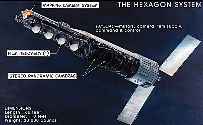 Schemat satelity KH-9 Hexagon, który miał wynieść S73-7. /U.S. AIR FORCE /materiał zewnętrzny