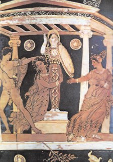 Schronienie się Kasandry przed ścigającym ją Ajaksem pod opiekę Ateny /Encyklopedia Internautica