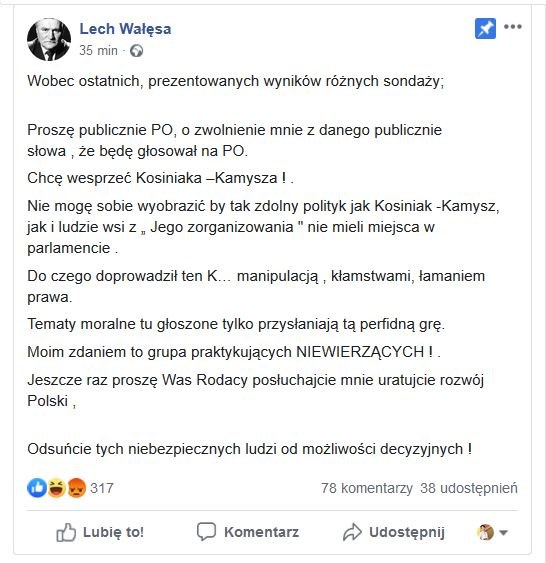 Screen wpisu Lecha Wałęsy na jego profilu na Facebooku /Facebook