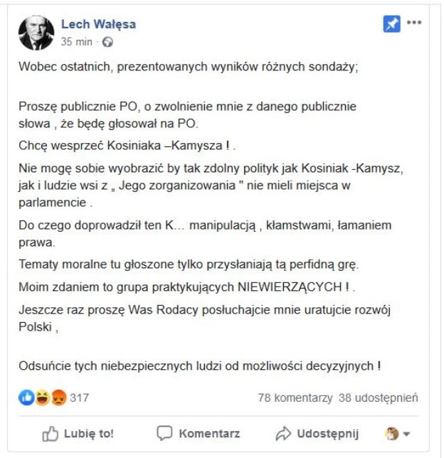 Screen wtorkowego posta Lecha Wałęsy na Facebooku /Facebook /Zrzut ekranu