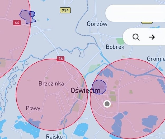Screen z aplikacji DronRadar /KPP Oświęcim /