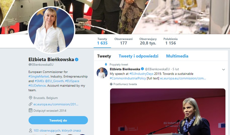 Screen z profilu Elżbiety Bieńkowskiej /zrzut ekranu /