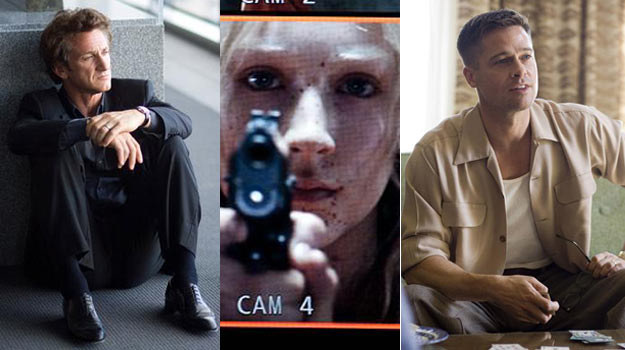 Sean Penn (L) i Brad Pitt (P) dumają o sensie życia, Saoirse Roanan (C) strzela /materiały dystrybutora