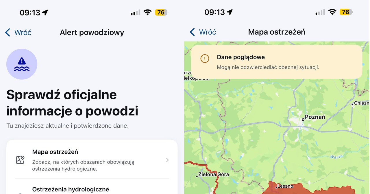 Sekcja Alert powodziowy w aplikacji mObywatel. /Dawid Długosz /INTERIA.PL