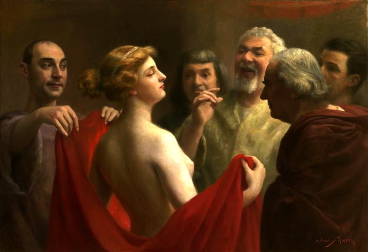 Seks w starożytnych Atenach był jedynym momentem, w którym światy kobiecy i męski ulegały zetknięciu. Żony jednak przegrywały tu na głowę ze słynnymi greckimi prostytutkami… Na ilustracji obraz pędzla José Frappy przedstawiający scenę sądu nad heterą (domena publiczna)