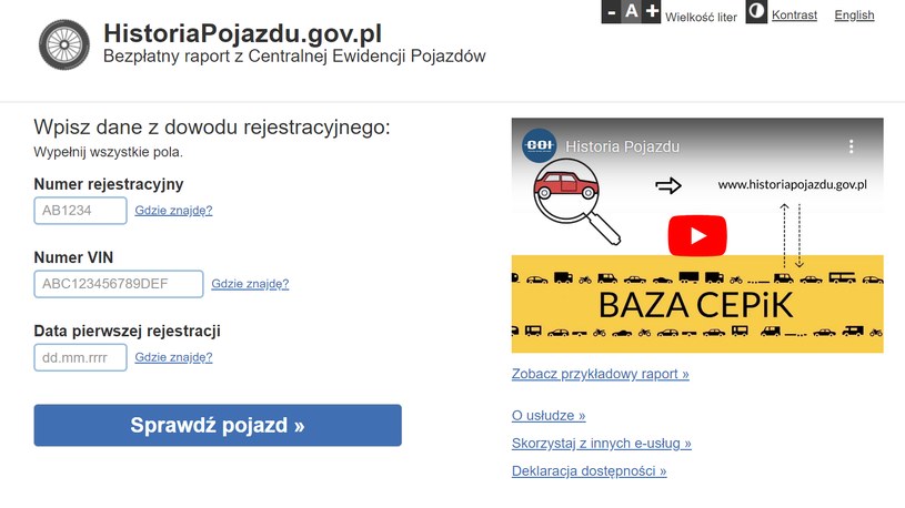 Serwis historiapojazdu.gov.pl korzysta z danych zapisanych w CEPiK. /historiapojazdu.gov.pl/ zrzut ekranu /