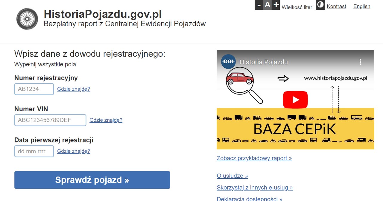 Serwis historiapojazdu.gov.pl korzysta z danych zapisanych w CEPiK. /historiapojazdu.gov.pl/ zrzut ekranu /