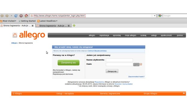Sfałszowana strona logowania do portalu Allegro.pl /materiały prasowe