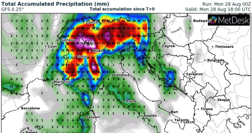 Silne burze, wiatr i grad doświadczają północne Włochy. Zasięg występowania złej pogody będzie się zwiększał /wxcharts
