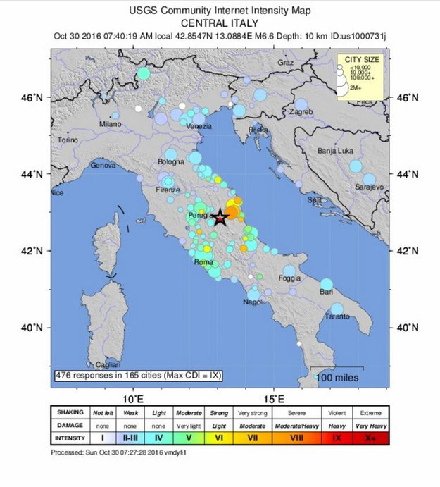 Silne wstrząsy w środkowych Włoszech /USGS /PAP/EPA