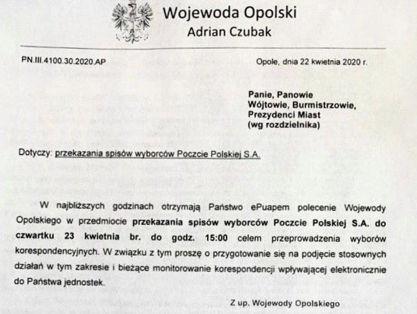 Skierowane do samorządówców Opolszczyzny pismo, zapowiadające polecenie przekazania Poczcie Polskiej spisów wyborców /RMF24.pl