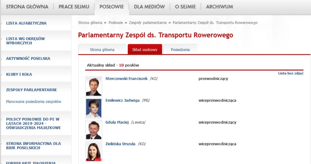 Skład Parlamentarnego Zespołu ds. Transportu Rowerowego /