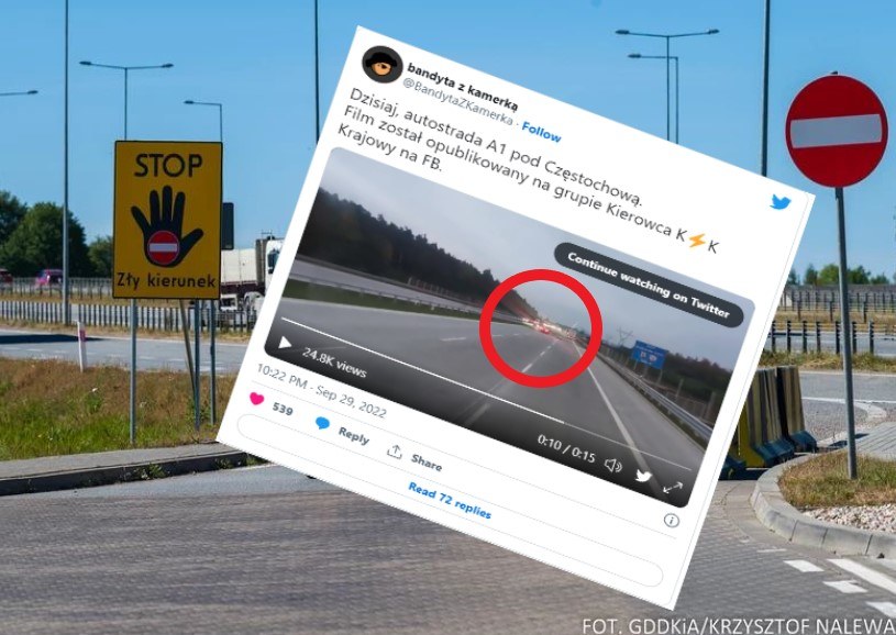 Skrajnie niebezpieczne zdarzenie na A1 koło Radomska / fot GDDKiA/Twitter /