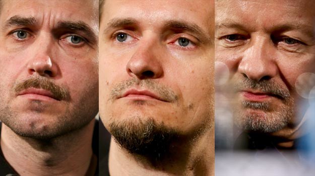 Skupione twarze twórców filmu: Marcin Dorociński (L), Bartosz Konopka (C) i Krzysztof Stroiński (P) /Agencja FORUM