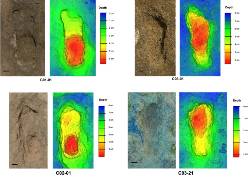 Ślady stóp i wygenerowane na ich podstawie modele /Sedrati M. i in., Sci Rep 14, 1962 (2024)/CC BY 4.0 DEED (https://creativecommons.org/licenses/by/4.0/) /materiał zewnętrzny