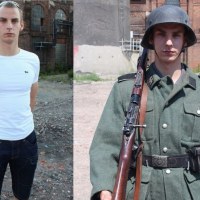 Damian w stroju niemieckiego żołnierza