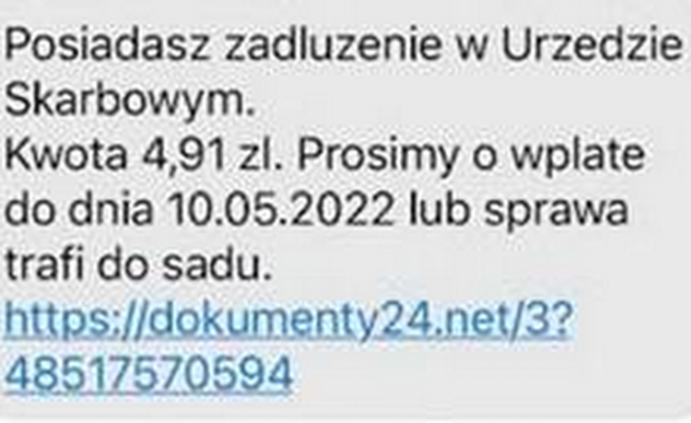 SMS o zadłużeniu w urzędzie skarbowym to fałszywka