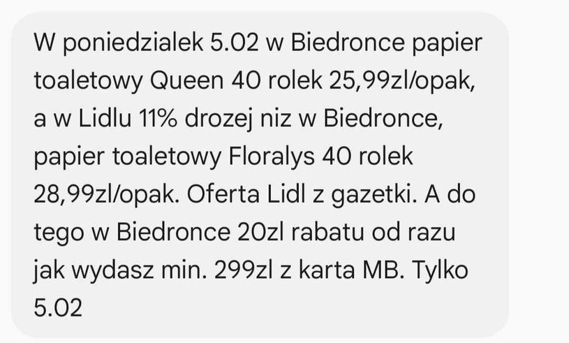 SMS od sklepu Biedronka nawiązuje do oferty Lidla /Zrzut ekranu /INTERIA.PL