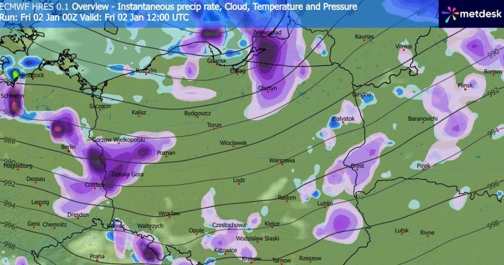 Śnieg może sypać w wielu miejscach. Po południu na północnym zachodzie popada też śnieg z deszczem /WXCharts /