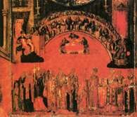 Sobór nicejski II, obradujący nad kwestią kultu obrazów (po lewej cesarzowa Irena i cesarz Konst /Encyklopedia Internautica