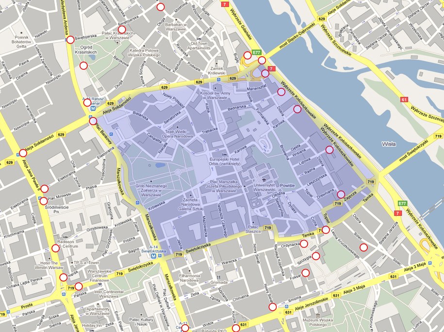 Sobota, 17 kwietnia 2010. Na fioletowo zaznaczono obszar, w którym nie wolno parkować. &nbsp; /maps.google.com /poboczem.pl