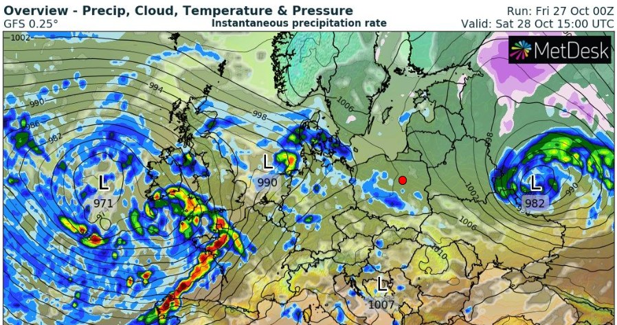 Sobota będzie bardziej deszczowym dniem. Na północy będzie padało przez większość dnia, a na południu kraju będą to przelotne opady /wxcharts /